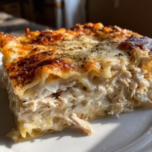 A close-up, mouthwatering slice of chicken alfredo lasagna showing layers of pasta, creamy sauce, and shredded chicken.