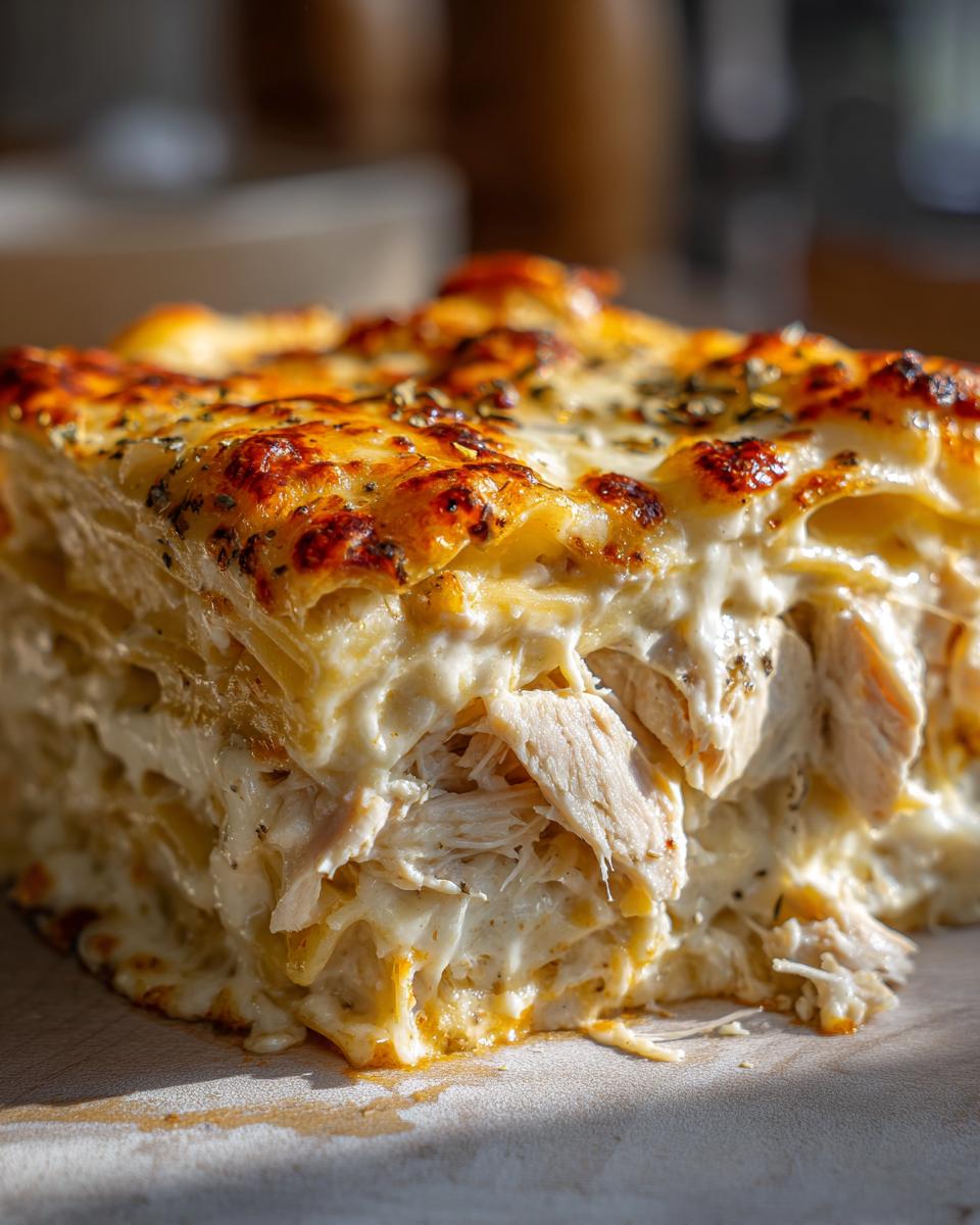 Close-up of a thick slice of chicken alfredo lasagna showing layers of pasta, shredded chicken, and creamy sauce, topped with browned cheese.