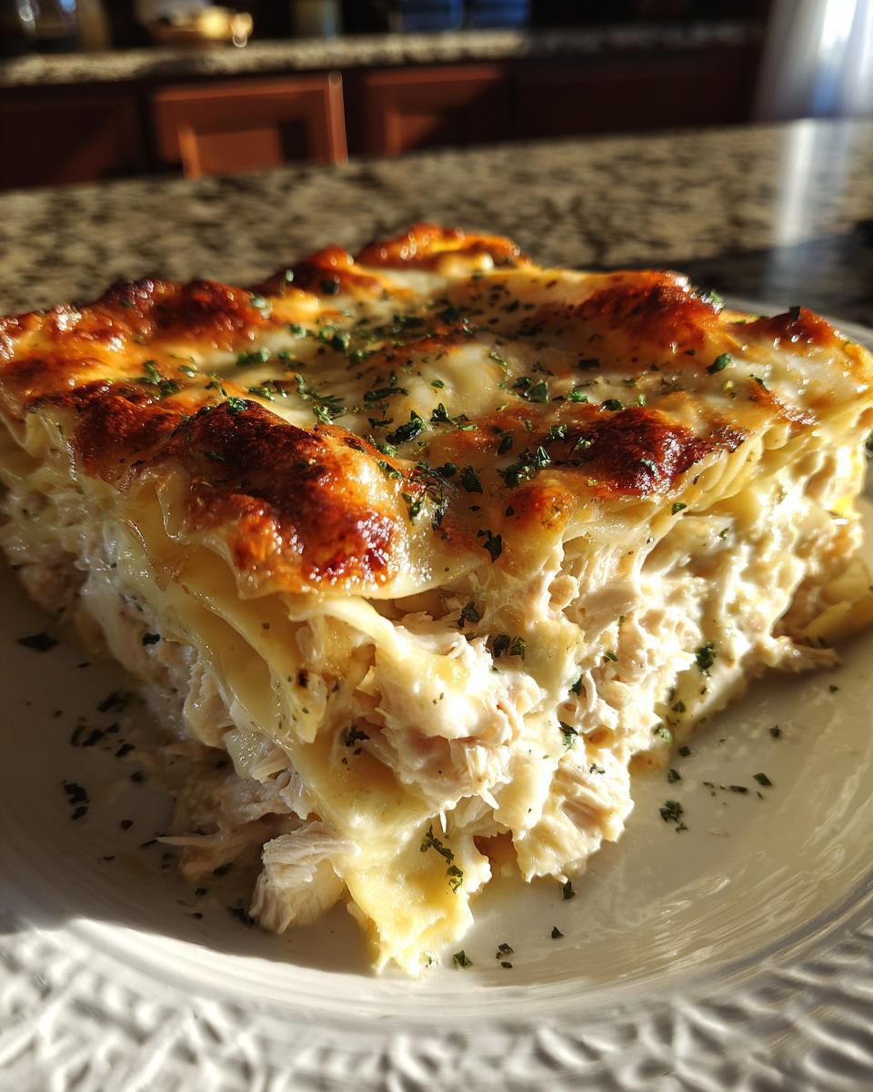 A generous slice of rich chicken alfredo lasagna showing layers of pasta, creamy filling, and a browned, cheesy top sprinkled with parsley.