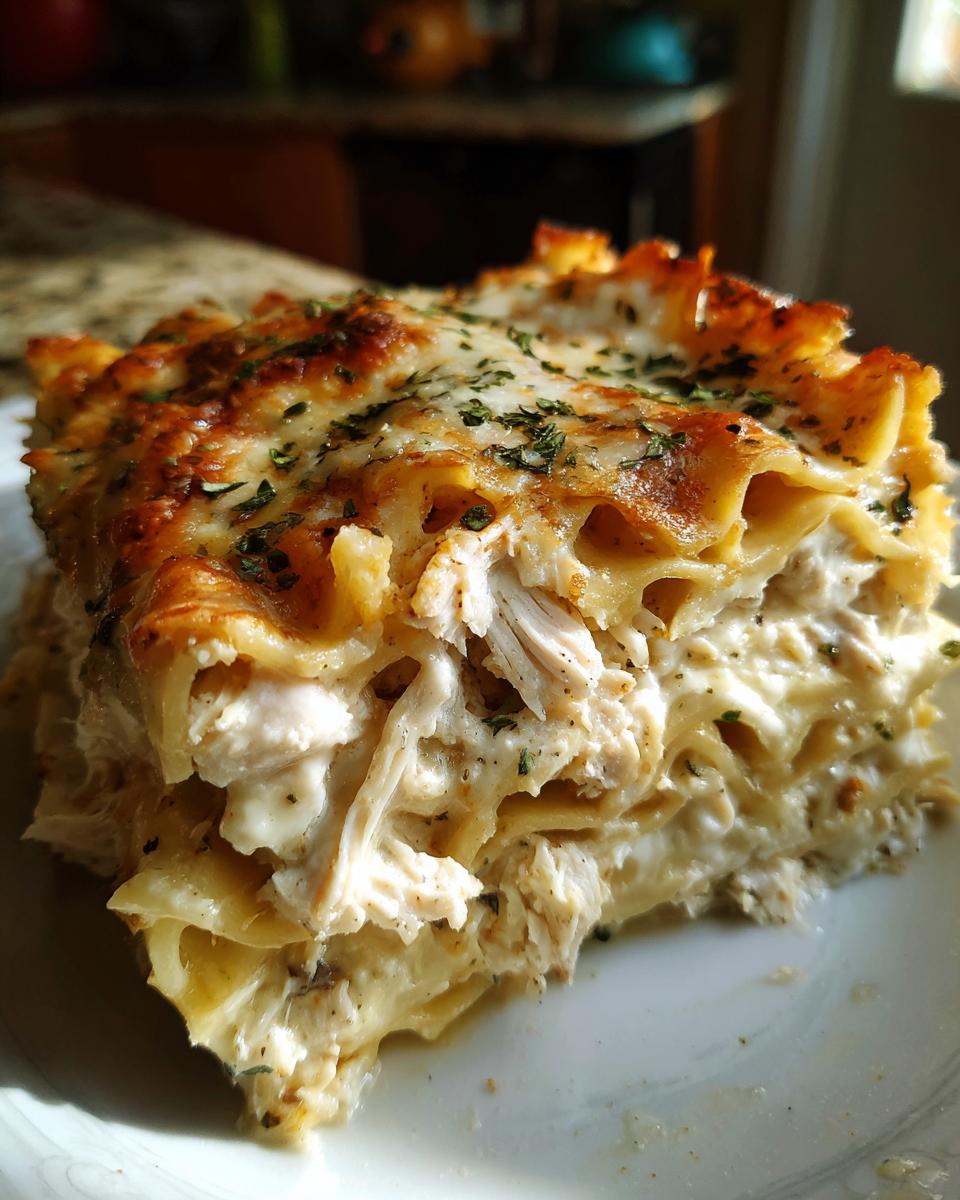 A close-up slice of rich chicken alfredo lasagna showing layers of pasta, shredded chicken, and creamy sauce, topped with browned cheese and herbs.