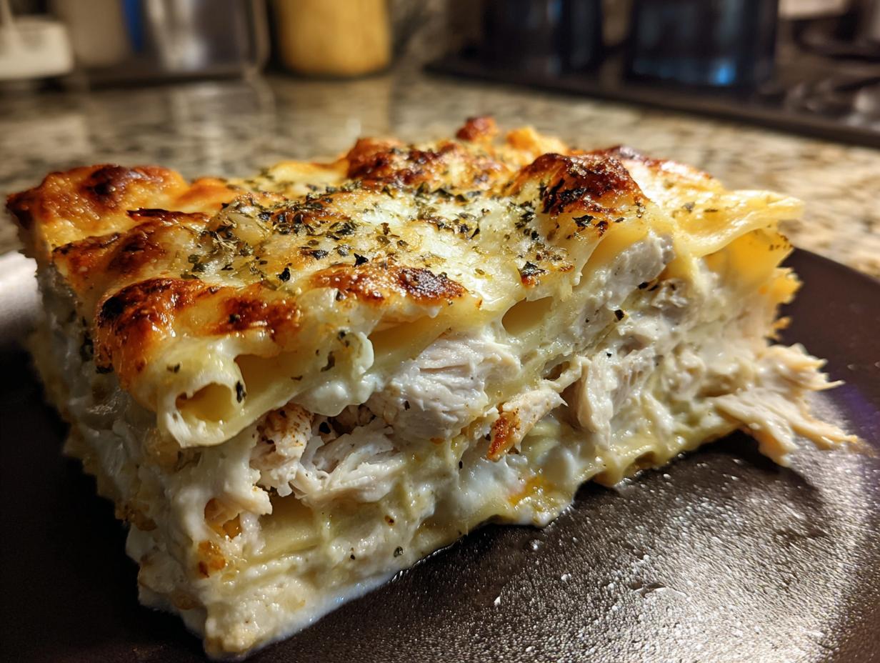 Close-up of a hearty slice of chicken alfredo lasagna showing layers of pasta, shredded chicken, and creamy sauce with a golden, herb-topped crust.
