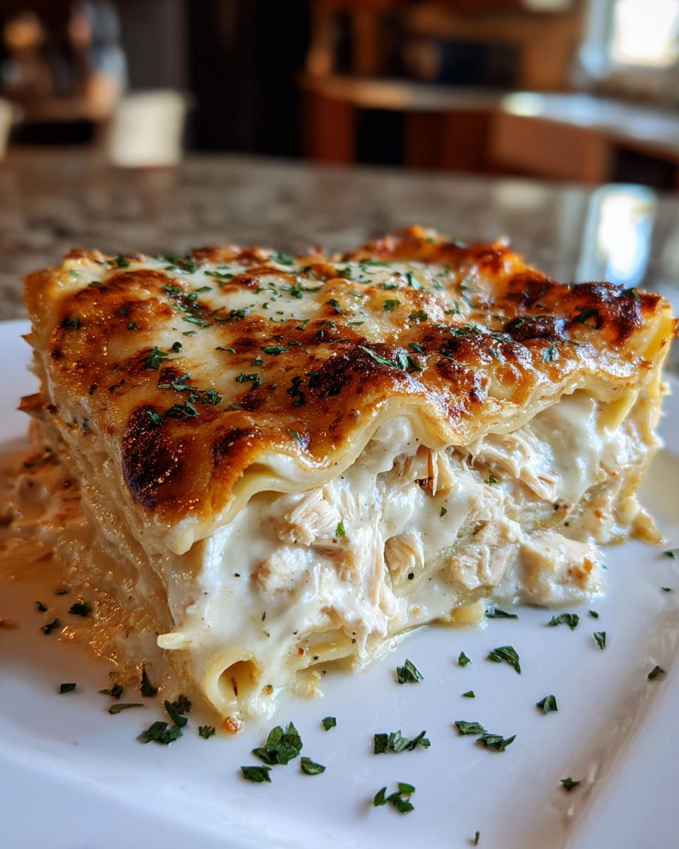 A generous slice of rich chicken alfredo lasagna showing layers of pasta, creamy sauce, shredded chicken, and a golden-brown, cheesy top.