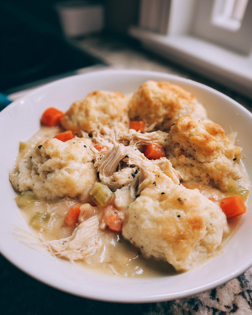 A close-up of a white bowl filled with creamy chicken and dumplings with biscuits, carrots, and celery.