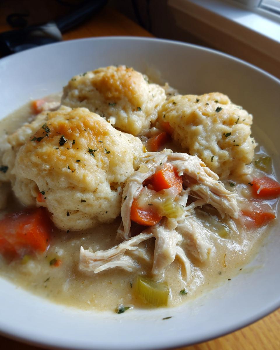 A close-up view of a bowl filled with creamy chicken and dumplings with biscuits, featuring shredded chicken, carrots, and celery.