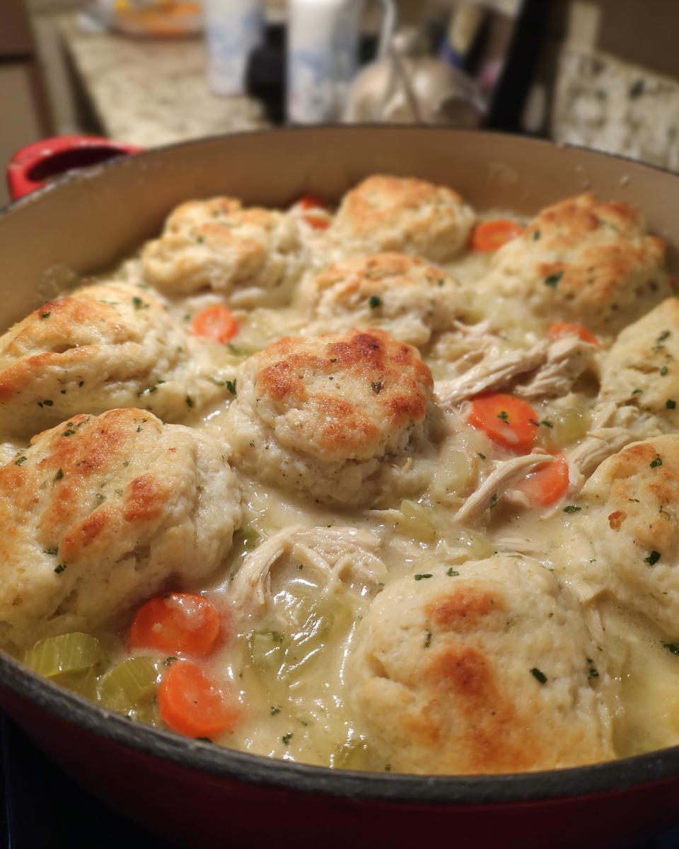 Close-up of creamy chicken and dumplings with biscuits, carrots, and celery cooking in a red Dutch oven.