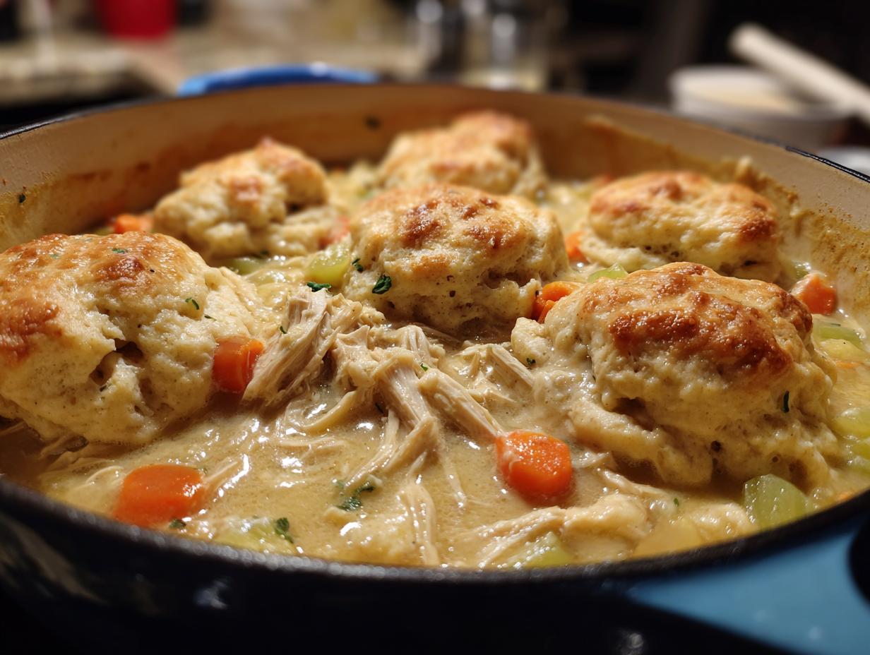 Close-up of rich, creamy chicken and dumplings with biscuits simmering in a blue Dutch oven.