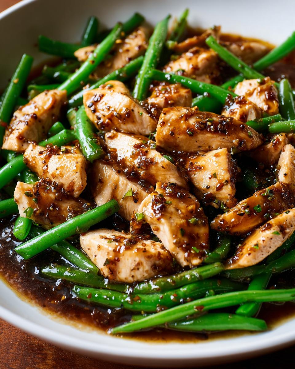 Close-up of sliced chicken and bright green beans coated in a dark, savory sauce, featuring the chicken and green beans recipe.