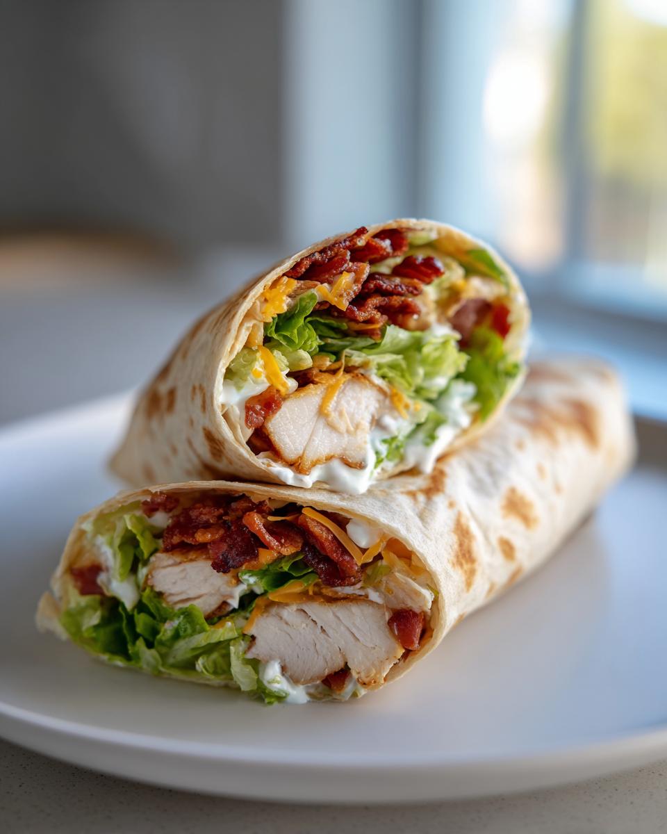 A close-up of a chicken bacon ranch wrap cut in half, showing layers of grilled chicken, bacon, lettuce, and ranch dressing.