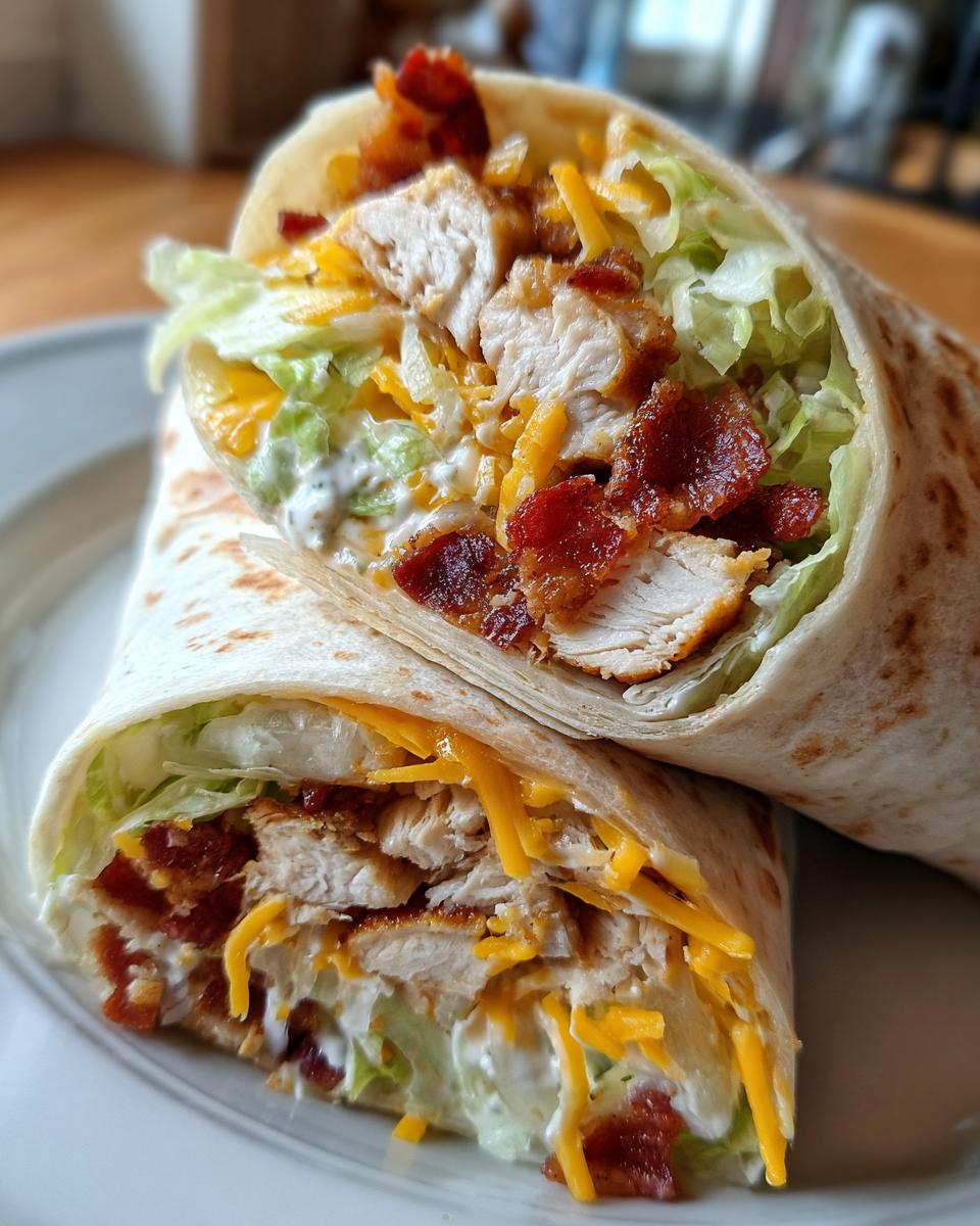 Two halves of a fully loaded chicken bacon ranch wrap stacked, showing chunks of chicken, bacon, cheese, and ranch dressing.