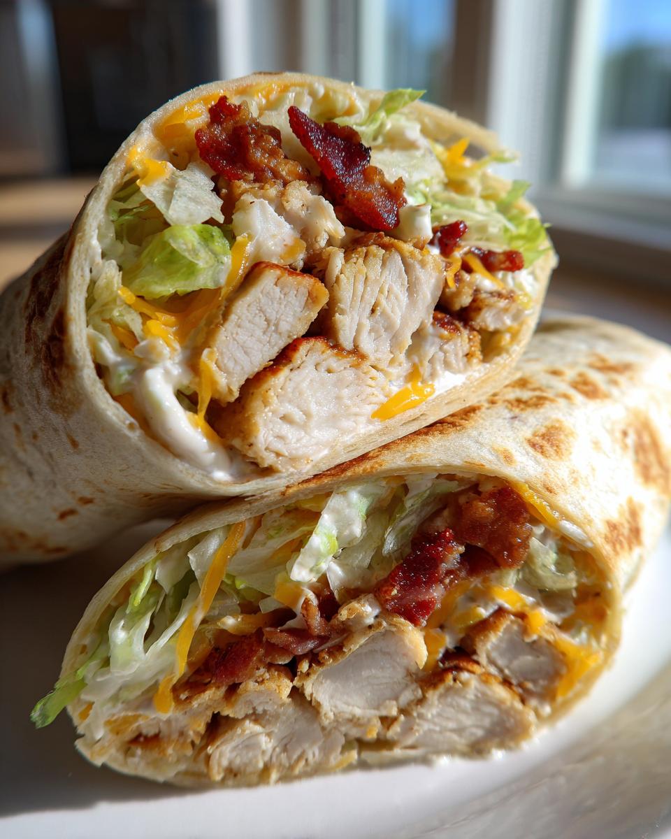 Close-up of a chicken bacon ranch wrap cut in half, showing grilled chicken, bacon, lettuce, cheese, and ranch dressing.