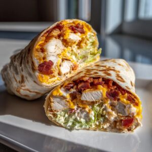 A close-up of a perfectly assembled chicken bacon ranch wrap, cut in half, showing crispy chicken, bacon, cheese, and ranch dressing.