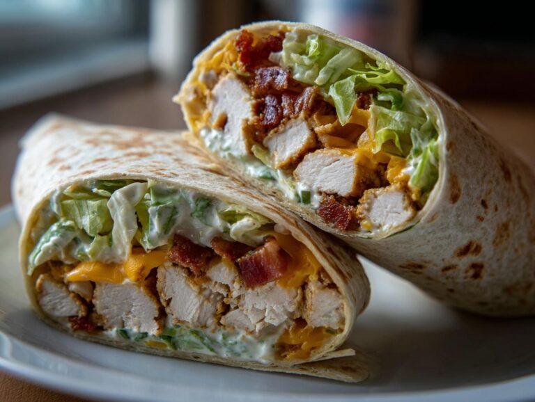 Close-up of a chicken bacon ranch wrap cut in half, showing crispy chicken, bacon, lettuce, and ranch dressing.