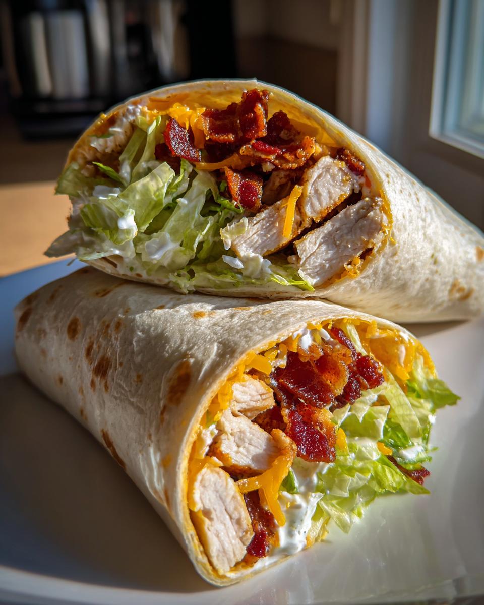 Two halves of a chicken bacon ranch wrap stacked, showing chunks of chicken, crispy bacon, lettuce, and ranch dressing.
