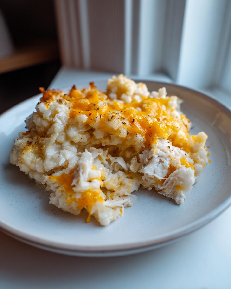 A close-up serving of chicken cauliflower rice casserole topped with melted cheddar cheese on a light plate.