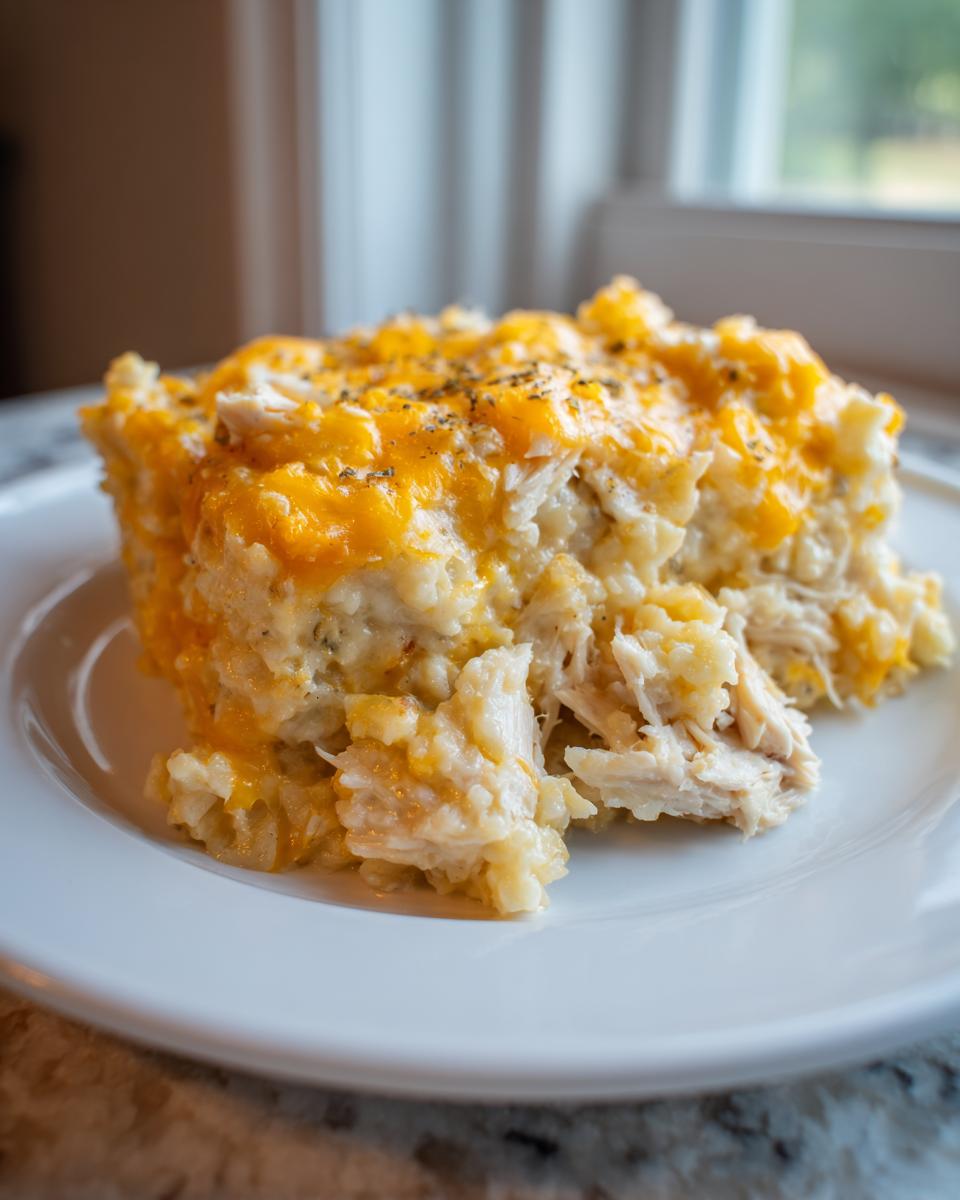 A generous serving of chicken cauliflower rice casserole topped with melted cheddar cheese on a white plate.