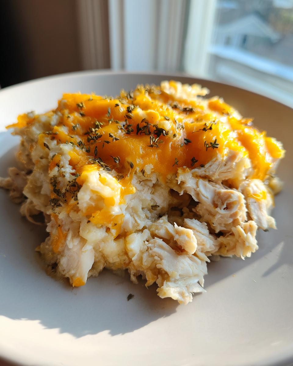 A close-up serving of chicken cauliflower rice casserole topped with melted cheddar cheese and dried herbs.