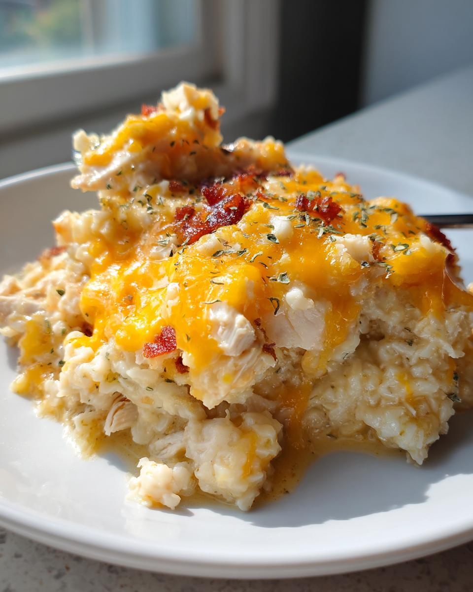 A close-up serving of creamy chicken cauliflower rice casserole topped with melted cheddar cheese, bacon bits, and herbs.