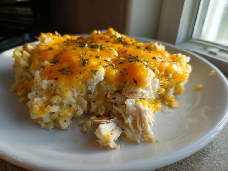 A close-up serving of chicken cauliflower rice casserole topped with melted cheddar cheese and parsley.