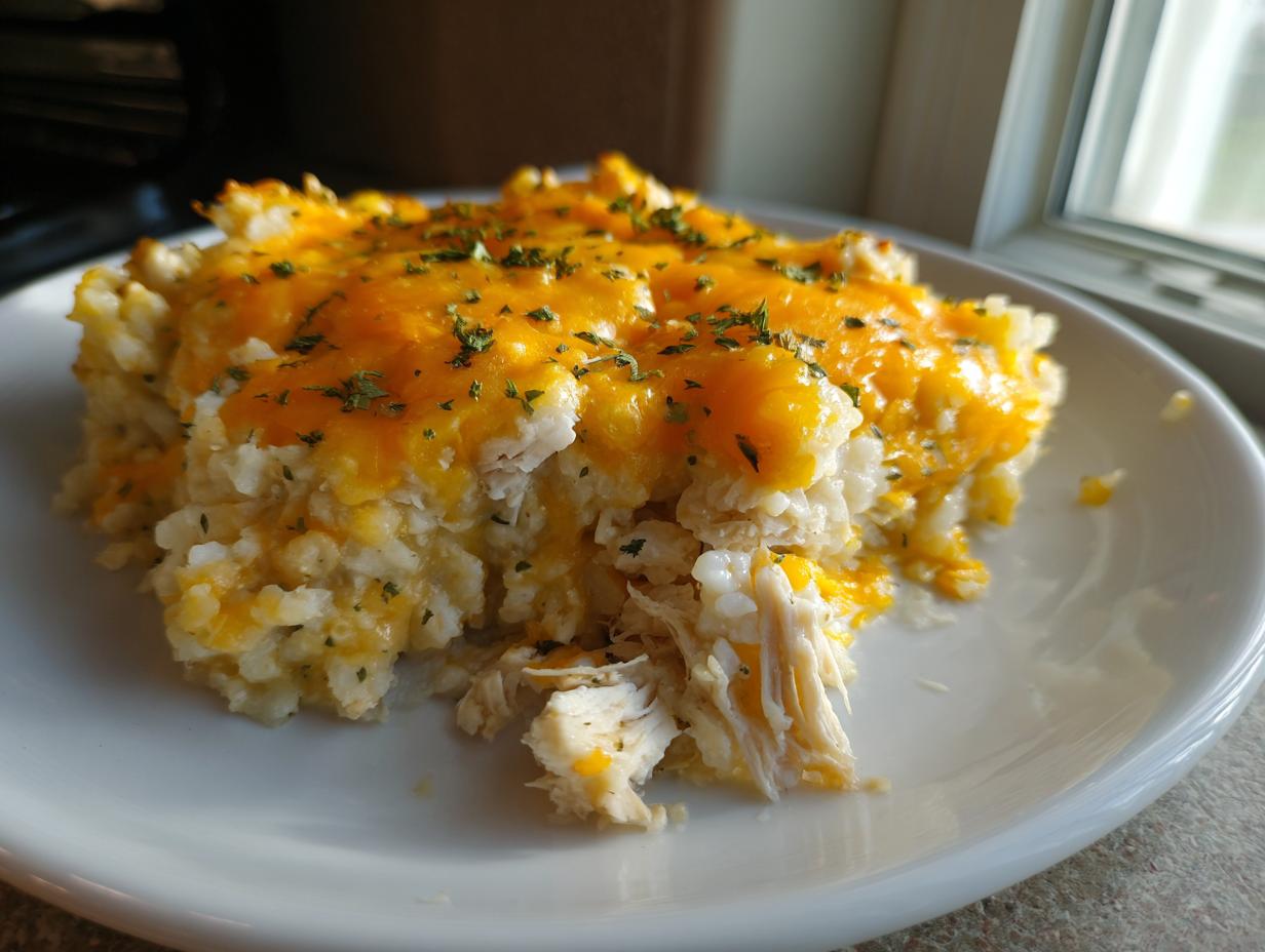 A close-up serving of chicken cauliflower rice casserole topped with melted cheddar cheese and parsley.