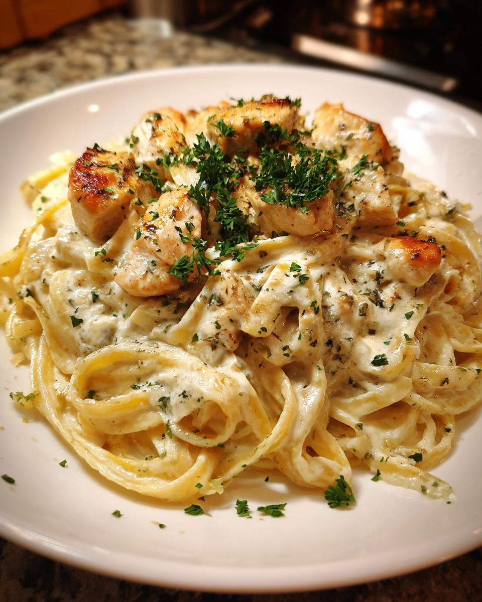 Close-up of rich chicken fettuccine alfredo pasta topped with grilled chicken pieces and fresh parsley.