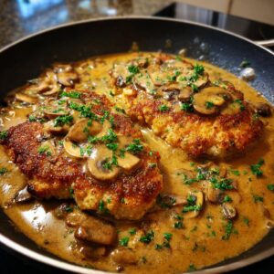 Two golden-brown chicken marsala cutlets smothered in a rich, creamy mushroom sauce and topped with fresh parsley.