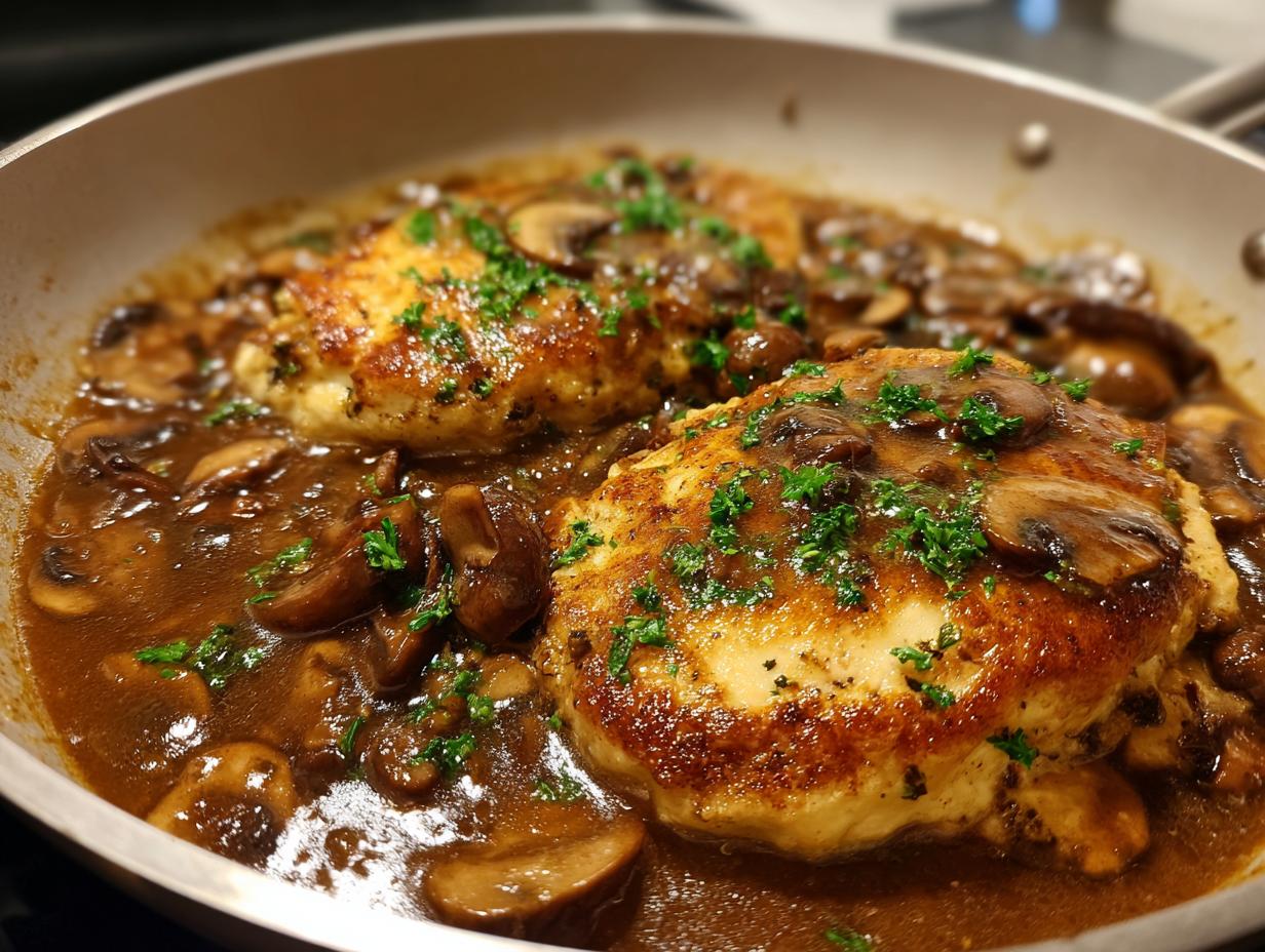 Two golden-brown chicken breasts simmering in a rich, dark mushroom sauce, garnished with fresh parsley for a perfect chicken marsala.