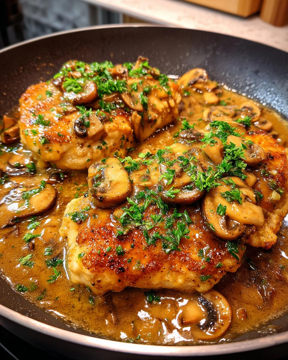 Close-up of golden-brown chicken marsala breasts smothered in rich mushroom sauce and fresh parsley.