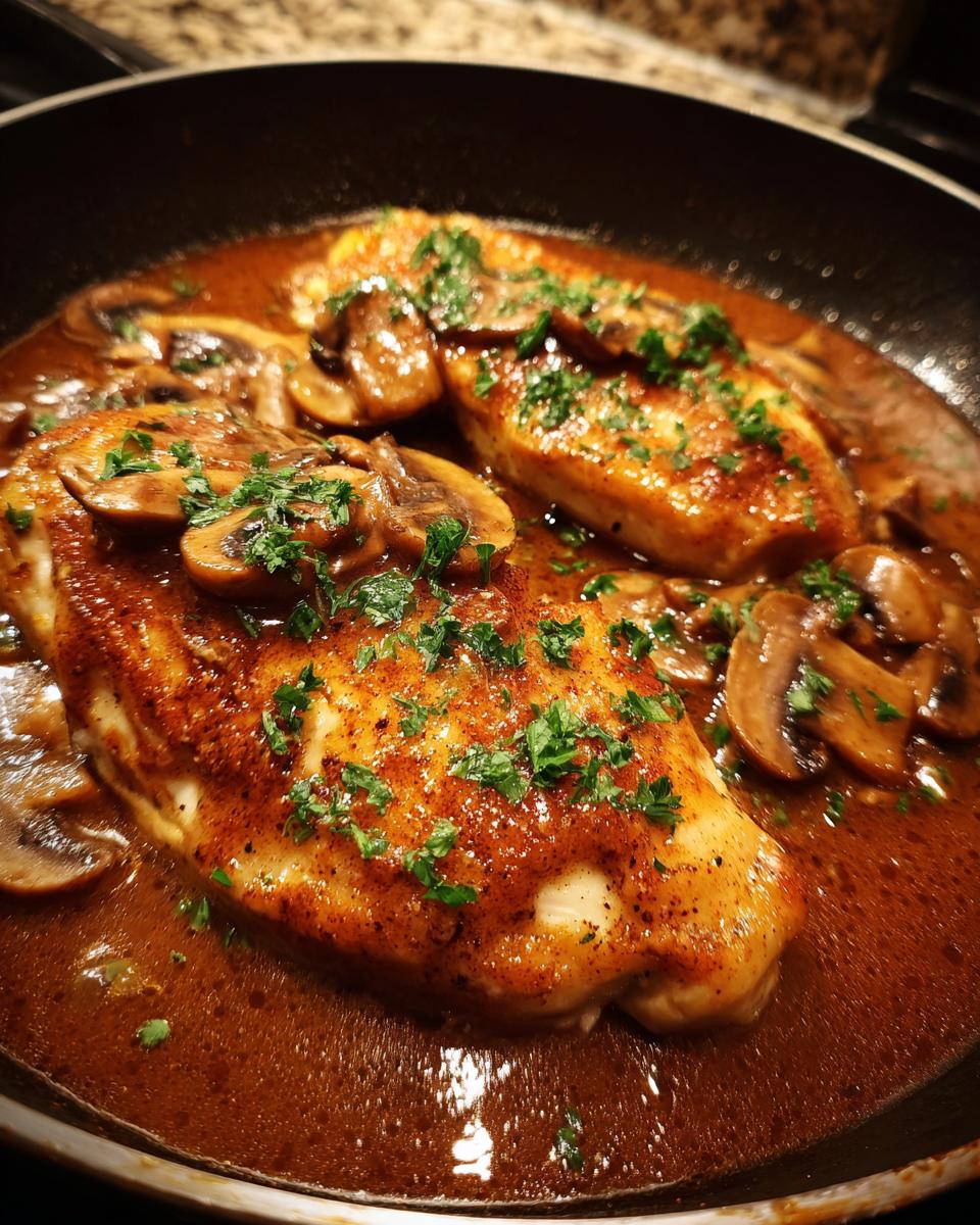 Close-up of seared chicken marsala breasts simmering in a rich brown mushroom sauce, garnished with parsley.