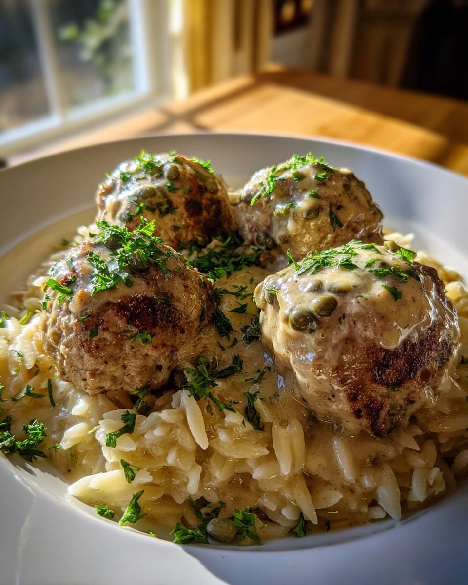Four juicy chicken piccata meatballs smothered in creamy lemon-caper sauce served over orzo pasta.