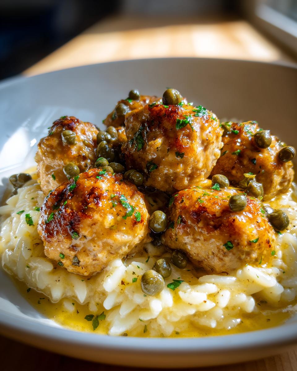 Five golden brown chicken piccata meatballs served over creamy orzo pasta, topped with capers and parsley.