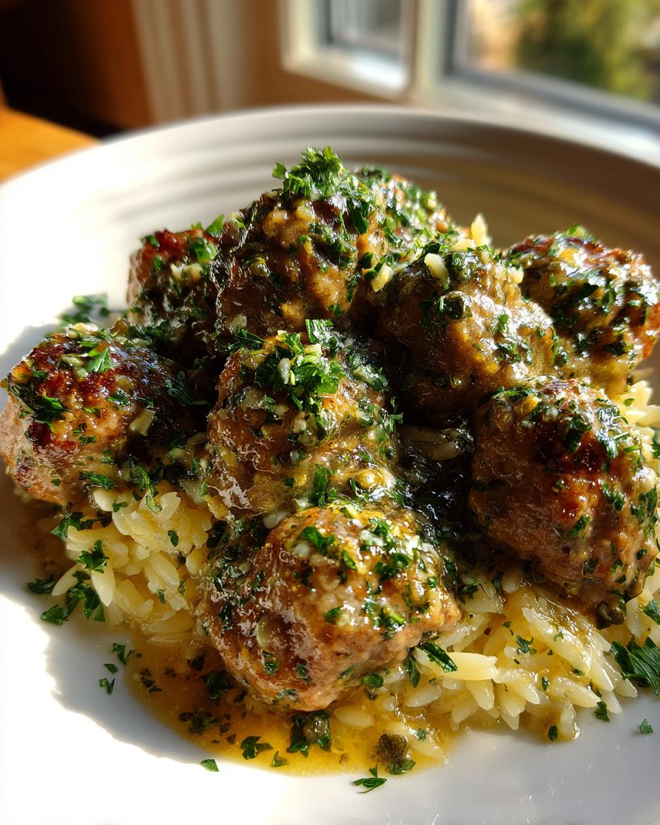 Close-up of juicy chicken piccata meatballs served over orzo pasta, drizzled with lemon-caper sauce and fresh parsley.