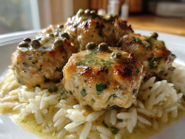 Close-up of golden-brown chicken piccata meatballs topped with capers and sauce, served over orzo pasta.