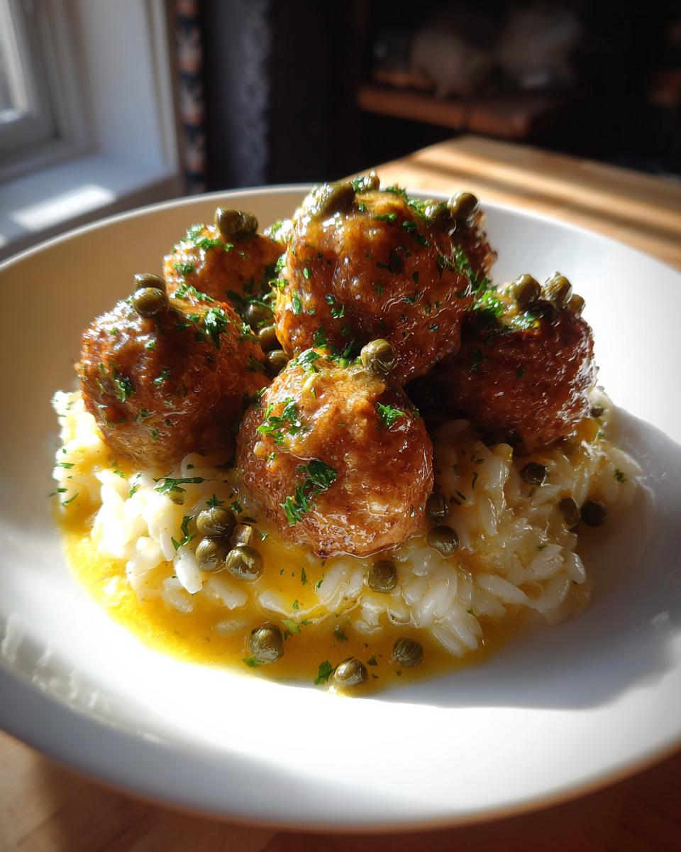 Five golden brown chicken piccata meatballs served over white rice, drizzled with lemon sauce and topped with capers and parsley.