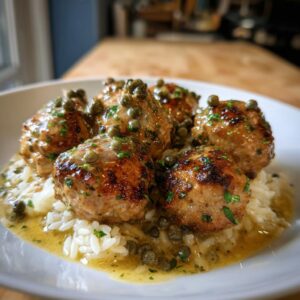Close-up of browned chicken piccata meatballs served over white rice and drizzled with a lemon-caper sauce.