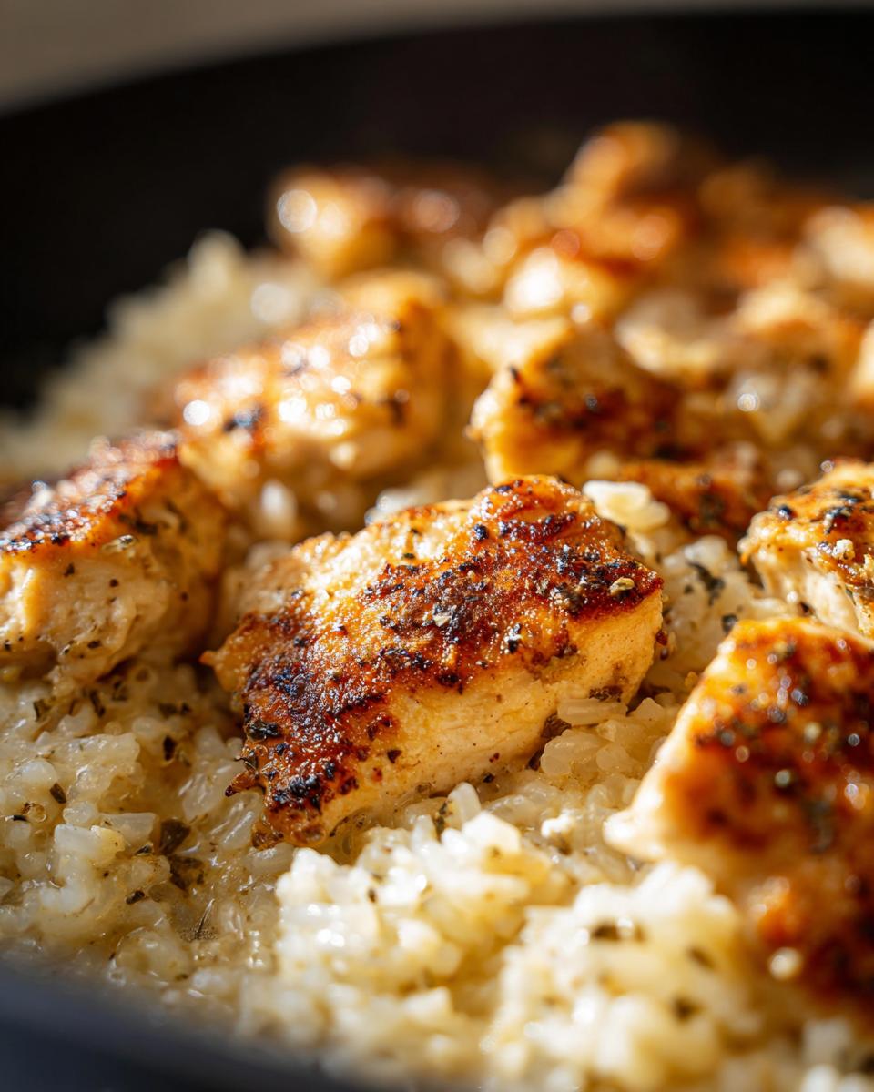 Close-up of golden-brown seared chicken pieces served over creamy garlic parmesan rice.