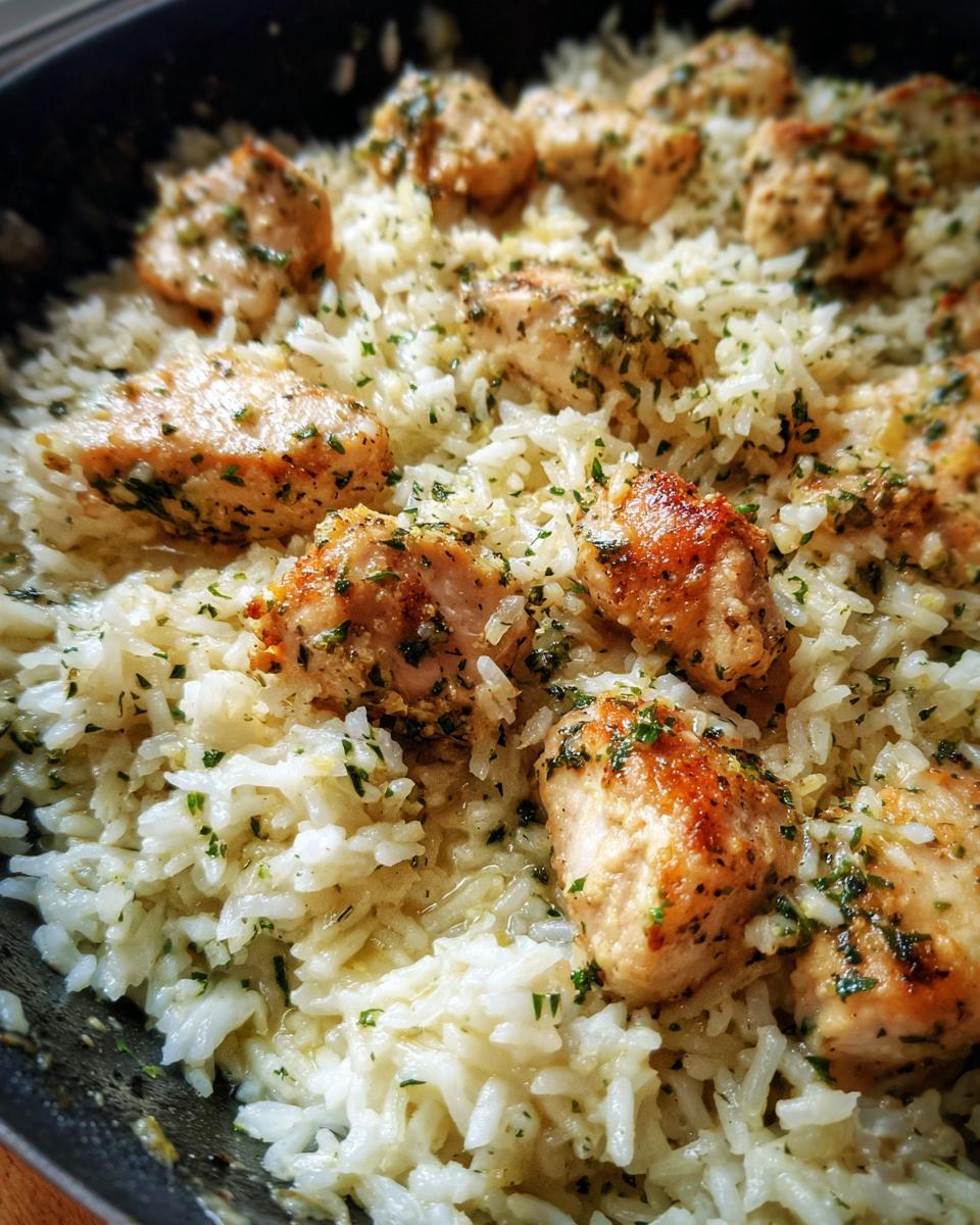 Close-up of pan-seared chicken pieces served over creamy garlic parmesan rice, garnished with parsley.