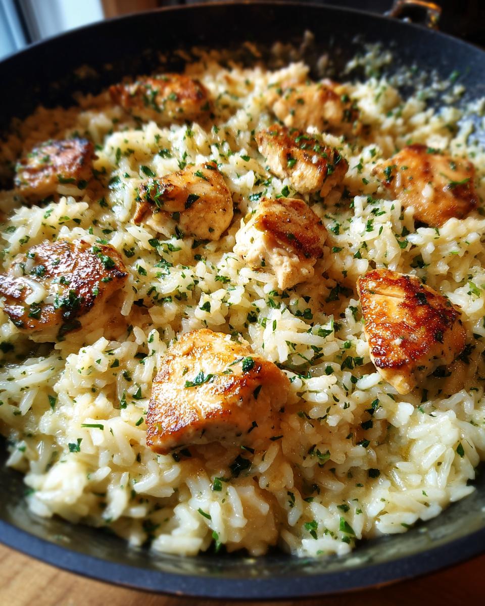Close-up of golden chicken pieces served over creamy garlic parmesan rice, garnished with fresh parsley.