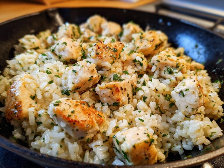 Close-up of golden-brown chicken pieces mixed with creamy garlic parmesan rice and fresh parsley.
