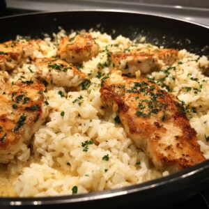 Close-up of golden-brown chicken scampi pieces served over creamy garlic parmesan rice, garnished with parsley.
