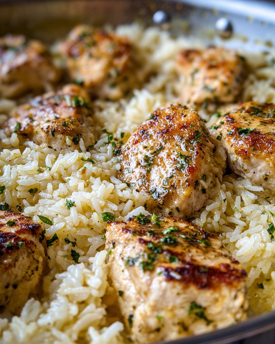 Close-up of seared chicken pieces nestled in creamy garlic parmesan rice, garnished with parsley.