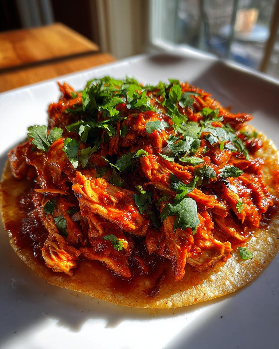 Close-up of shredded chicken tinga in a rich red sauce, topped with fresh cilantro, served on a single tortilla.