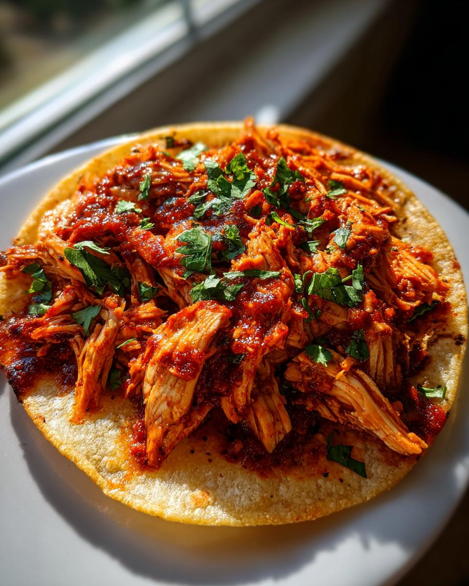 Close-up of shredded chicken tinga in a rich red sauce, garnished with fresh cilantro on a tostada.