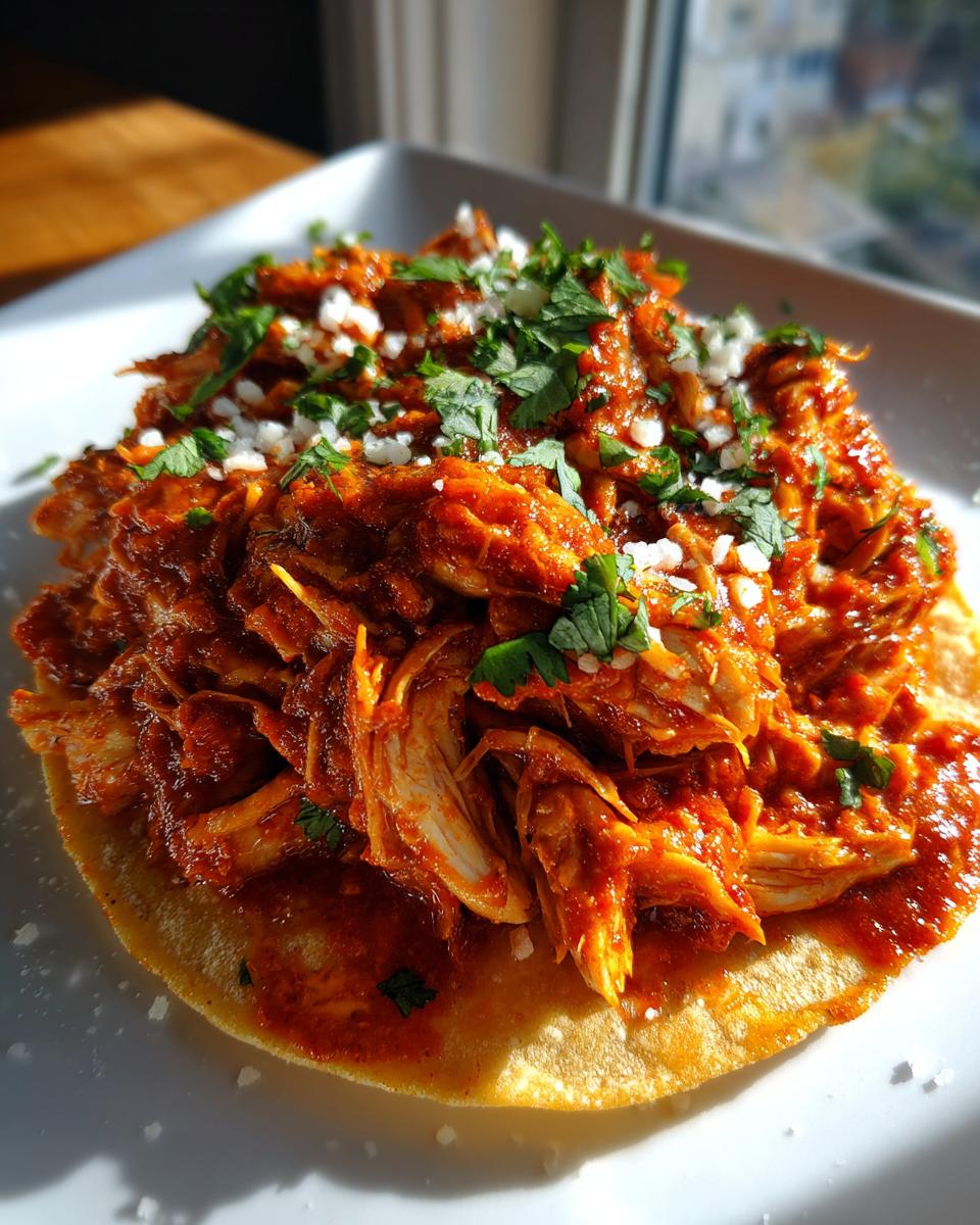 A close-up of vibrant red shredded chicken tinga served on a crispy tortilla, topped with crumbled white cheese and fresh cilantro.