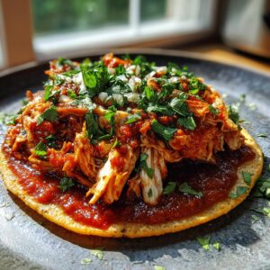 A close-up of flavorful chicken tinga served on a crispy tortilla, topped with fresh cilantro and diced onion.
