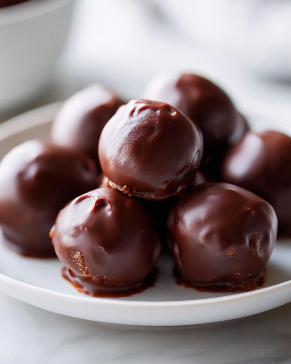 A pile of decadent, chocolate-covered almond joy truffles stacked on a white plate.