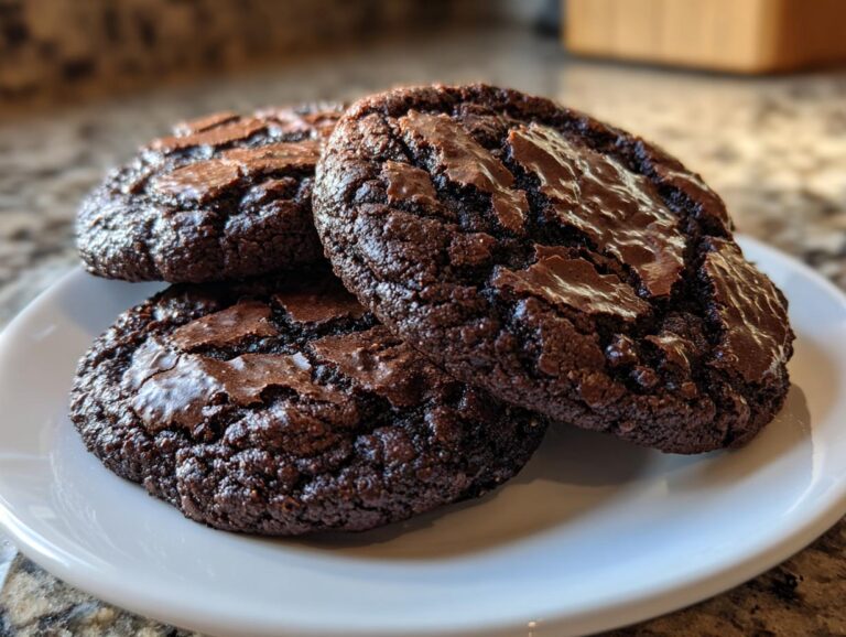 Three rich, dark chocolate brownie cookies stacked on a white plate, showing shiny, crinkled tops.