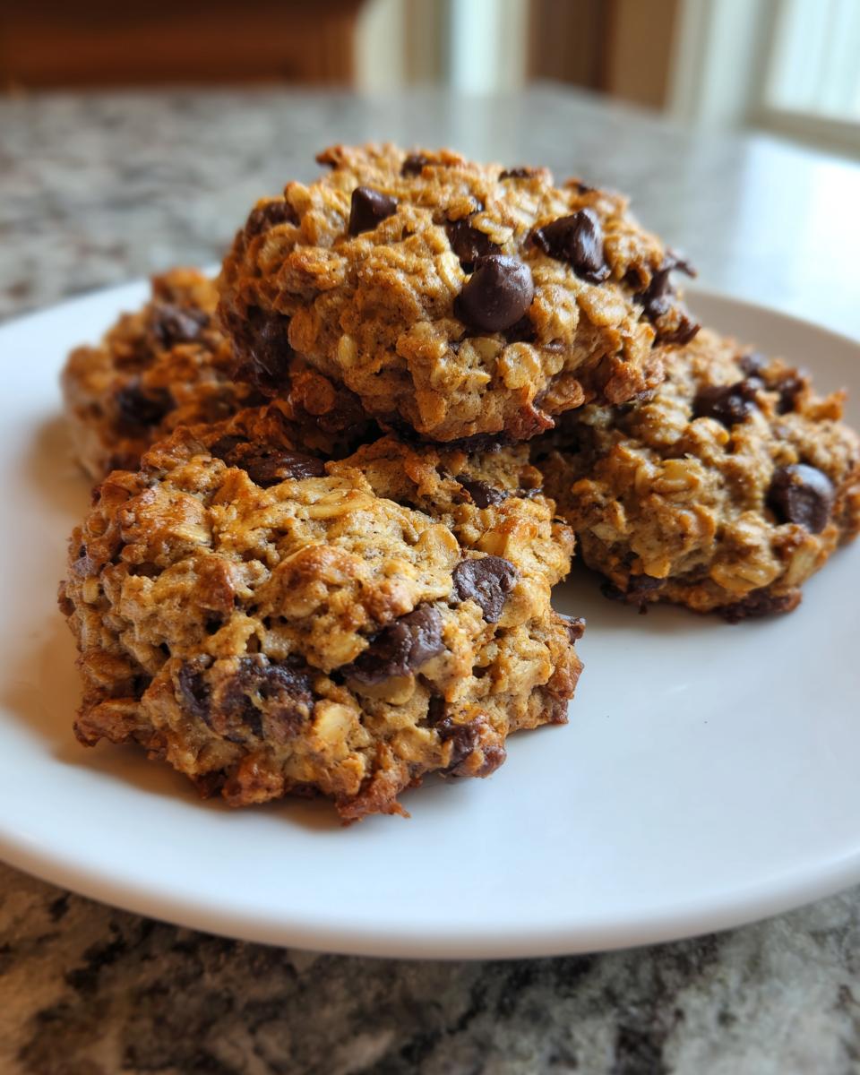 A close-up of four hearty, oatmeal chocolate chip breakfast cookie treats stacked on a white plate.