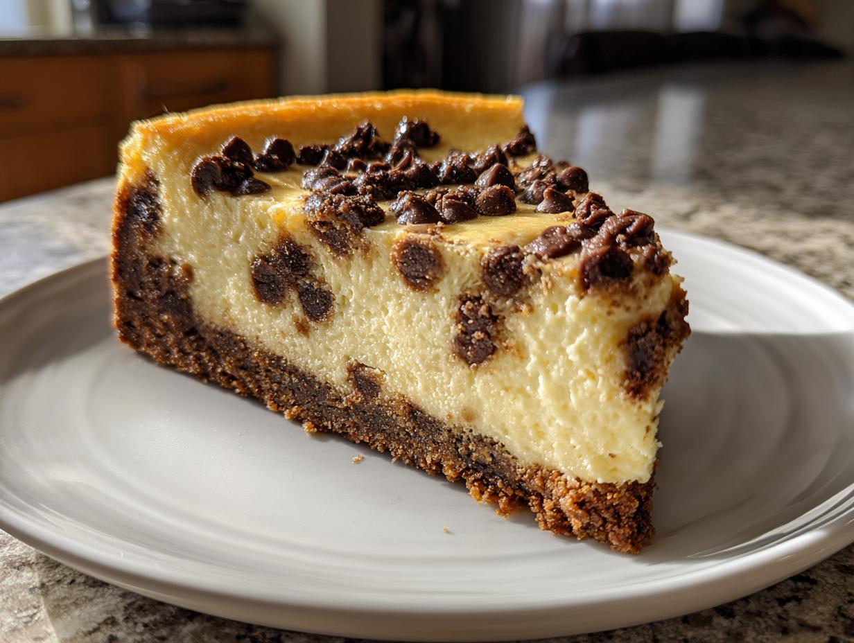 A thick slice of creamy chocolate chip cheesecake with a dark crumb crust, topped with mini chocolate chips.