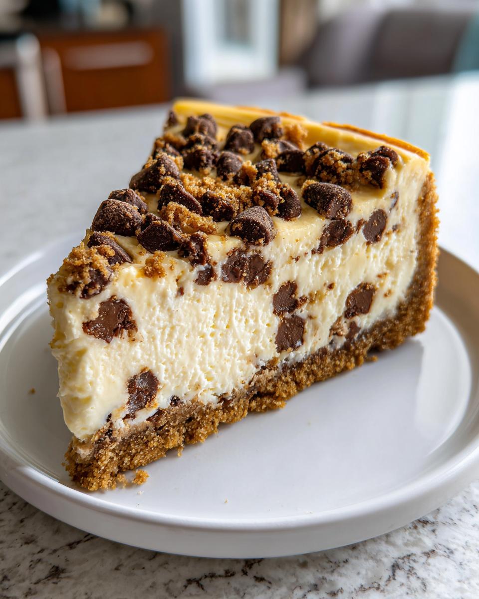 A close-up of a thick slice of creamy chocolate chip cheesecake with a graham cracker crust.