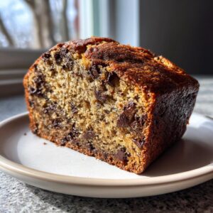 Close-up of a moist slice of chocolate chip sourdough banana bread on a small plate.